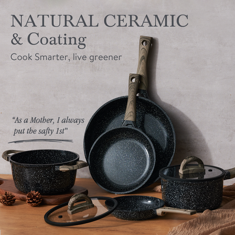 Ceramic Cookware Set 22 Piece Nonstick Pots and Pans Set Non Stick Kitchen Cooking Sets 8"Frying Pans with Lid,Black Granite Non-Toxic Induction Kitchen Cookware w/Glass Lids PFOS/PFOA-Free