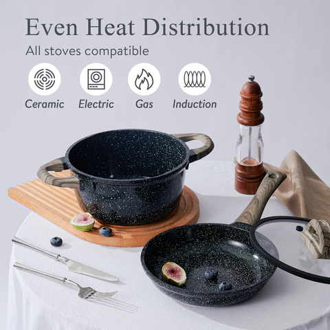 Ceramic Cookware Set 22 Piece Nonstick Pots and Pans Set Non Stick Kitchen Cooking Sets 8"Frying Pans with Lid,Black Granite Non-Toxic Induction Kitchen Cookware w/Glass Lids PFOS/PFOA-Free