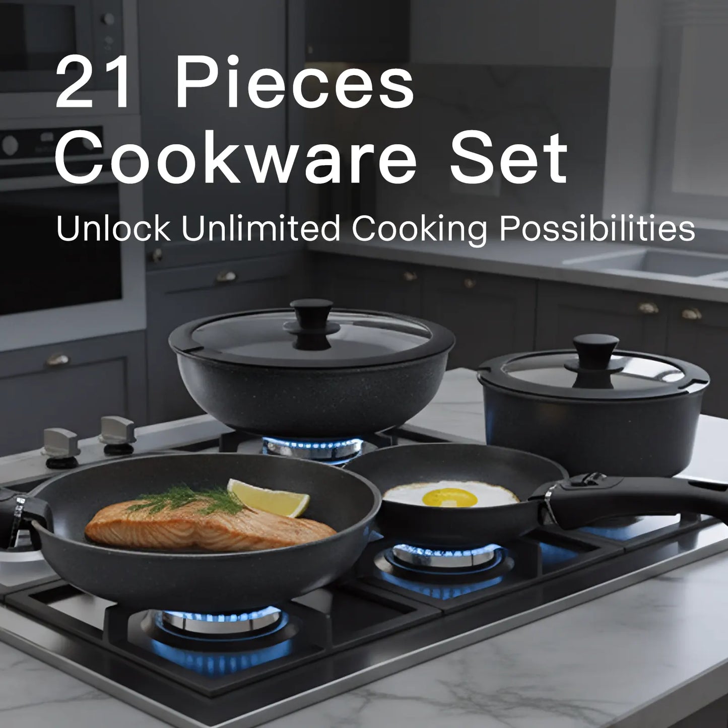 USELUCK 20 Pcs pots and pans set non stick, Oven Safe, Stackable pots and pans with removable handles, Healthy RV Set with Detachable Handle, Black - USELUCK - Cookware: Healthy Non - Stick Pots and Pans