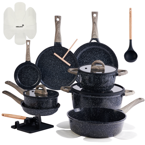 Ceramic Cookware Set 22 Piece Nonstick Pots and Pans Set Non Stick Kitchen Cooking Sets 8"Frying Pans with Lid,Black Granite Non-Toxic Induction Kitchen Cookware w/Glass Lids PFOS/PFOA-Free