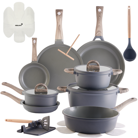 22Pcs Pots and Pans Set Non Stick Non-Toxic Ceramic Cookware Sets Nonstick Kitchen Pot and Pan Set With Lid Gray Granite Induction Compatible with Glass Lids 10" Griddles Frying Pan PFOA/PFOS-Free