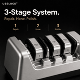 UseLuck 3-stage knife sharpening system on a black background with text overlays explaining the repair, hone, and polish stages.