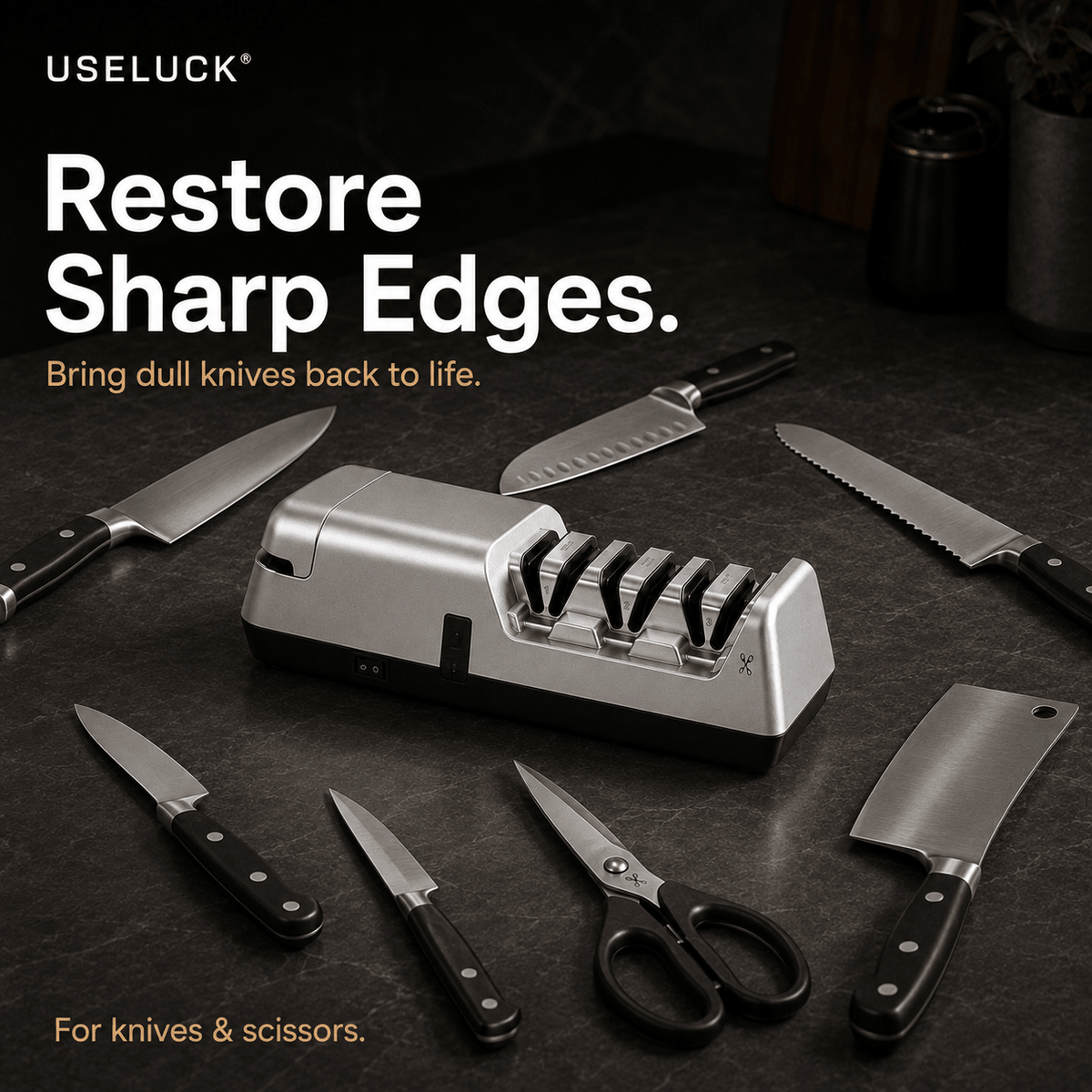 UseLuck knife sharpener set displayed on a dark countertop with multiple kitchen knives, scissors, and a cleaver around it. The silver and black sharpener is centered, with large promotional text reading 'Restore Sharp Edges.