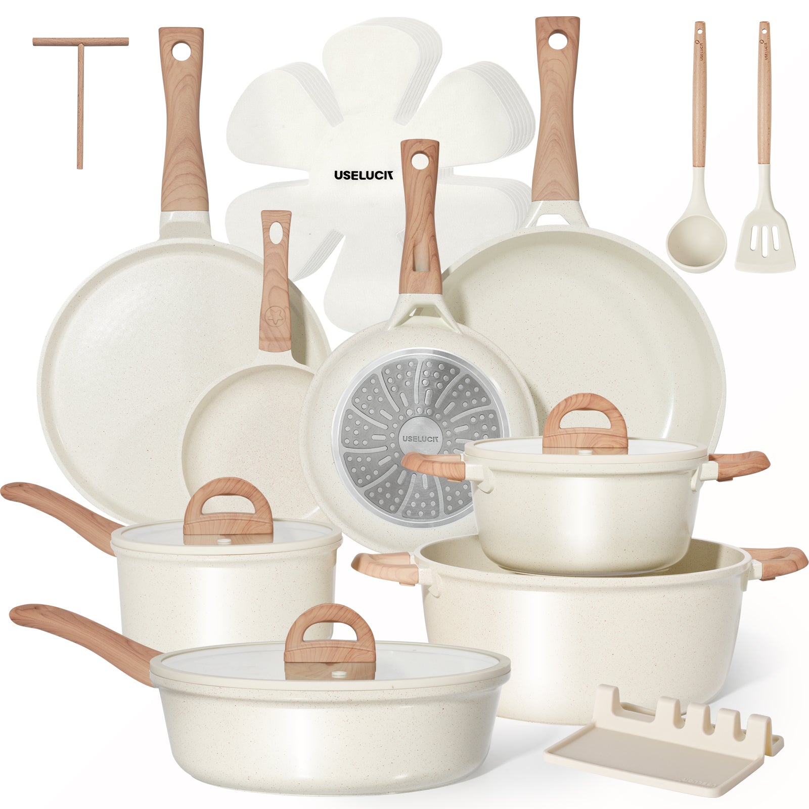 22 Pcs Pots and Pans Set Non Stick Non-Toxic Ceramic Kitchen Cookware Sets Nonstick Pot&Pan With Lid Cream White Granite Induction Compatible with Glass Lids Crepe