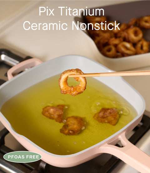 Titanium Ceramic Nonstick Frying Pan|PFAS & PFOA Free|With Wooden Spatula & Loofah Scrubber|Eco-Friendly Cookware Set