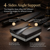 A magnetic knife sharpening stone set shown on a dark wooden surface with several knives around it. Large text reads '4-Sides Angle Support' and labels the four sharpening angles 15°, 18°, 20°, and 25° with examples of knife types.