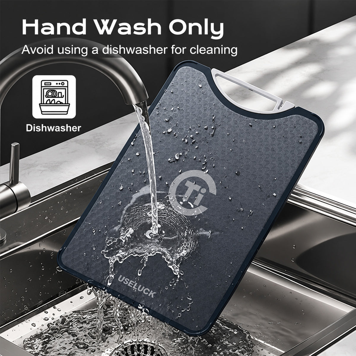 A dark gray textured silicone cutting board with a white handle, shown in a kitchen sink with water running from a faucet. Text overlays at the top read 'Hand Wash Only' and 'Avoid using a dishwasher for cleaning', with a dishwasher icon.