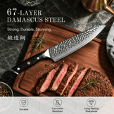 A 67-layer Damascus steel chef's knife with a black handle is displayed on a wooden cutting board next to sliced cooked steak, with promotional text and feature icons on a dark marble background.