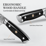 Close-up of a kitchen knife handle with text callouts reading 'ERGONOMIC WOOD HANDLE', 'Comfortable & Balanced Grip', 'Dark Ebony Wood Grain', and 'Hand-Polished Finish'. The handle is dark ebony wood with silver metal bolsters and silver rivets.