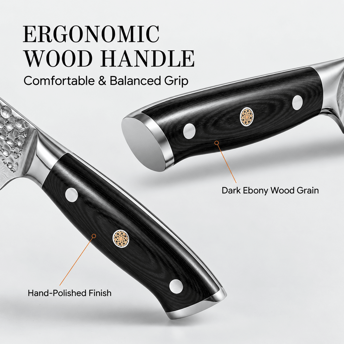 Close-up of a kitchen knife handle with text callouts reading 'ERGONOMIC WOOD HANDLE', 'Comfortable & Balanced Grip', 'Dark Ebony Wood Grain', and 'Hand-Polished Finish'. The handle is dark ebony wood with silver metal bolsters and silver rivets.