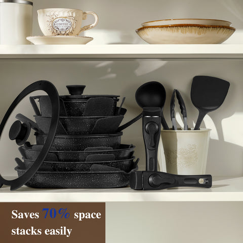 USELUCK 20 Pcs pots and pans set non stick, Oven Safe, Stackable pots and pans with removable handles, Healthy RV Set with Detachable Handle, Black - USELUCK-Cookware: Healthy Non-Stick Pots and Pans