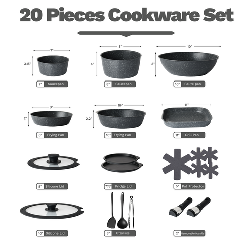 USELUCK 20 Pcs pots and pans set non stick, Oven Safe, Stackable pots and pans with removable handles, Healthy RV Set with Detachable Handle, Black - USELUCK-Cookware: Healthy Non-Stick Pots and Pans