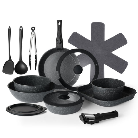 USELUCK 20 Pcs pots and pans set non stick, Oven Safe, Stackable pots and pans with removable handles, Healthy RV Set with Detachable Handle, Black - USELUCK-Cookware: Healthy Non-Stick Pots and Pans