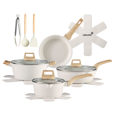 USELUCK 14 Pcs pots and pans set non stick, White Granite Induction Kitchen Cookware Set, Stay-Cool Handles, Silicone Utensils and Pot Protectors - USELUCK-Cookware: Healthy Non-Stick Pots and Pans