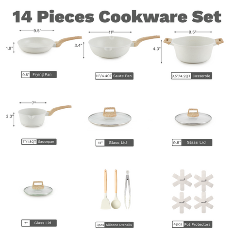 USELUCK 14 Pcs pots and pans set non stick, White Granite Induction Kitchen Cookware Set, Stay-Cool Handles, Silicone Utensils and Pot Protectors - USELUCK-Cookware: Healthy Non-Stick Pots and Pans
