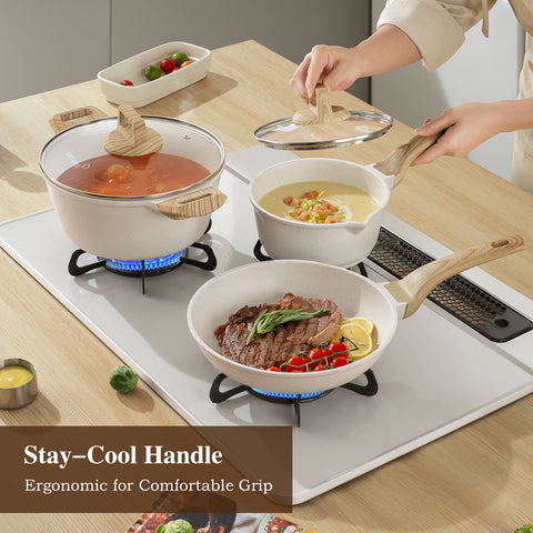USELUCK 14 Pcs pots and pans set non stick, White Granite Induction Kitchen Cookware Set, Stay-Cool Handles, Silicone Utensils and Pot Protectors - USELUCK-Cookware: Healthy Non-Stick Pots and Pans
