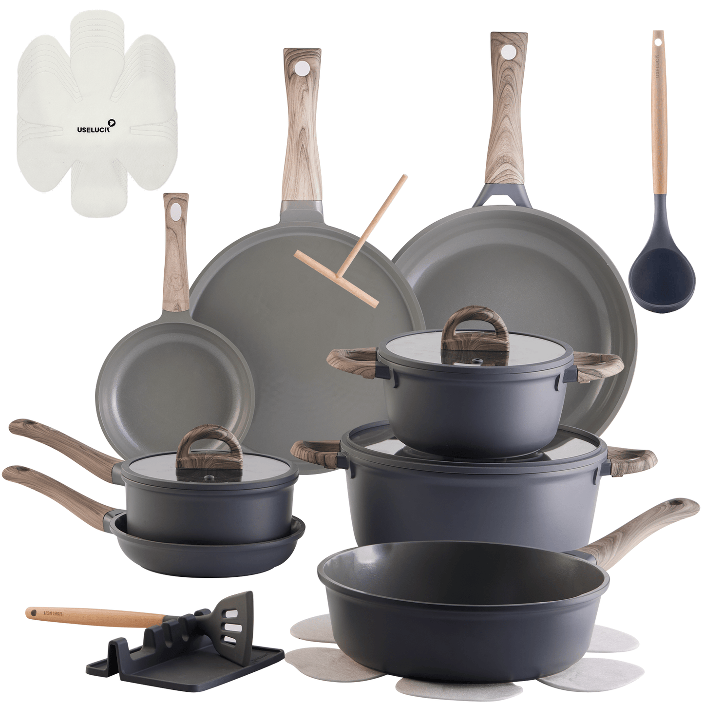 22Pcs Pots and Pans Set Non Stick Non - Toxic Ceramic Cookware Sets Nonstick Kitchen Pot and Pan Set With Lid Gray Granite Induction Compatible with Glass Lids 10" Griddles Frying Pan PFOA/PFOS - Free - USELUCK - Cookware: Healthy Non - Stick Pots and Pans