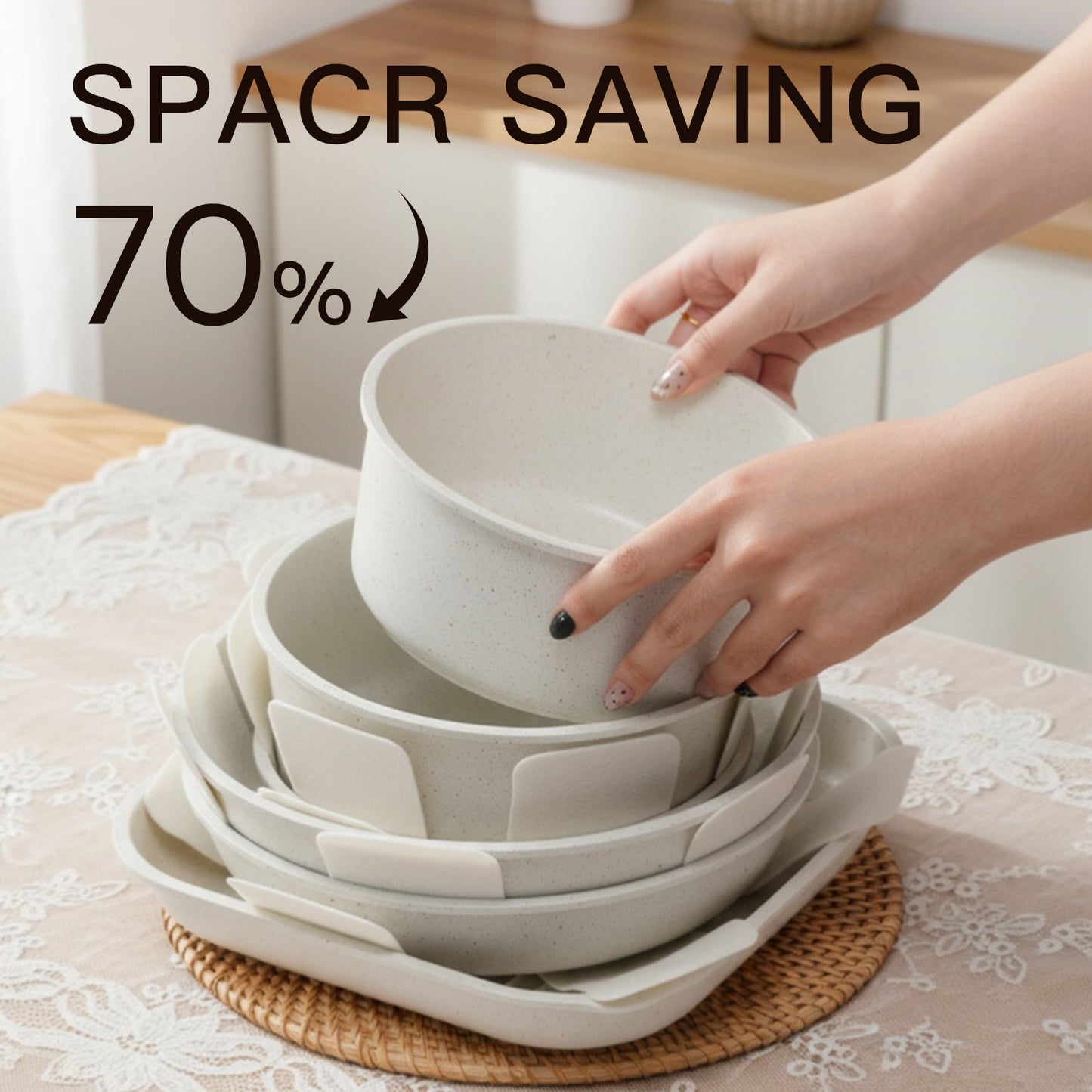 USELUCK 20 Pcs pots and pans set non stick, Oven Safe, Stackable pots and pans with removable handles, Healthy RV Set with Detachable Handle, Cream White - USELUCK - Cookware: Healthy Non - Stick Pots and Pans