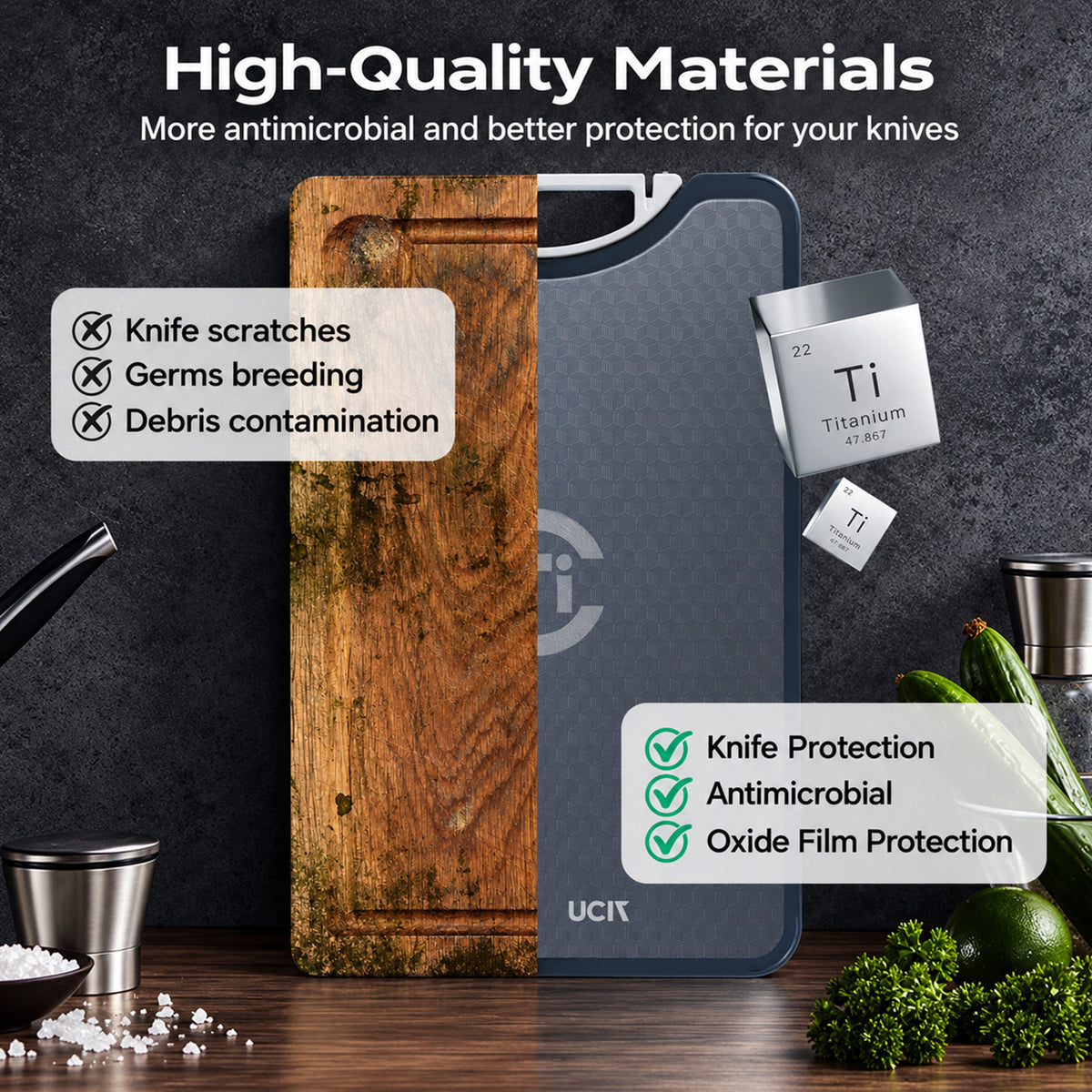 A dark gray UCIU knife guard case with a circular logo, shown alongside a wooden cutting board on a dark tabletop. The image features promotional text highlighting high-quality materials, antimicrobial properties, and oxide film protection, with small titanium and germ-related graphic elements floating near the case.