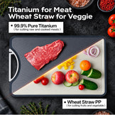 A dual-sided cutting board set shown on a dark textured surface, with one side in matte black and the other in light wheat straw. Raw meat, vegetables, and text callouts are overlaid to explain the materials and use cases.