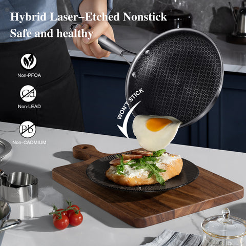USELUCK 7Pcs Hybrid non stick frying pans, 8", 10" and 12" Frying Pans with Lid, Dishwasher and Oven Safe, Stay-Cool Handles, Silver Kitchen Cookware set - USELUCK-Cookware: Healthy Non-Stick Pots and Pans