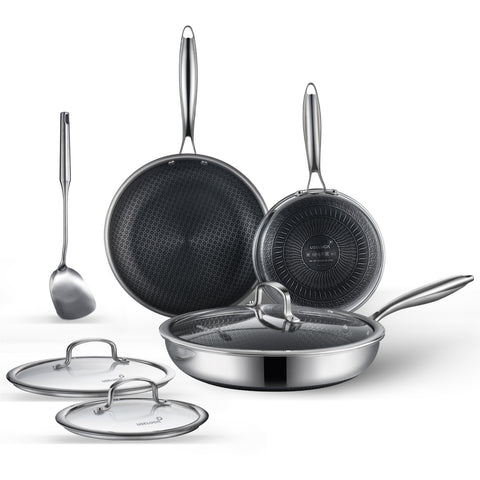 USELUCK 7Pcs Hybrid non stick frying pans, 8", 10" and 12" Frying Pans with Lid, Dishwasher and Oven Safe, Stay-Cool Handles, Silver Kitchen Cookware set - USELUCK-Cookware: Healthy Non-Stick Pots and Pans
