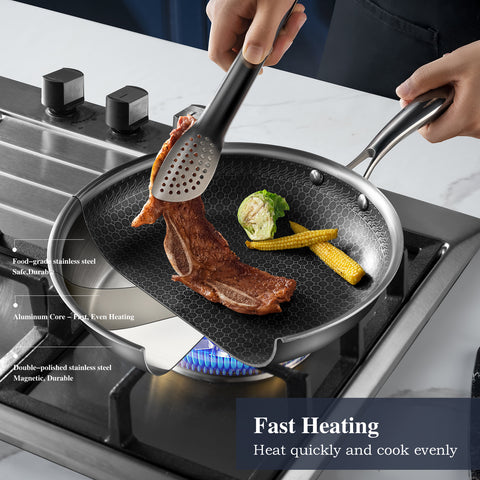 USELUCK 7Pcs Hybrid non stick frying pans, 8", 10" and 12" Frying Pans with Lid, Dishwasher and Oven Safe, Stay-Cool Handles, Silver Kitchen Cookware set - USELUCK-Cookware: Healthy Non-Stick Pots and Pans