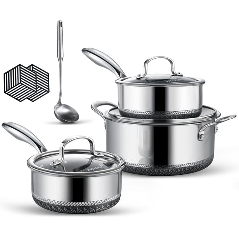 USELUCK 9Pcs Hybrid non stick Pots Set, 1.5, 2, and 5.2-Quart Pots with Lids,Dishwasher and Oven Safe, Stay-Cool Handles, Compatible with All Cooktops - USELUCK-Cookware: Healthy Non-Stick Pots and Pans
