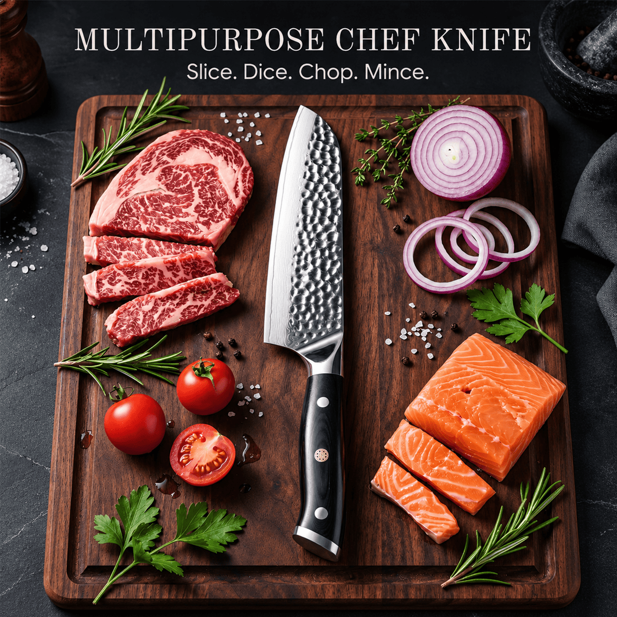 A multipurpose chef knife with a hammered steel blade and black handle is displayed on a dark wooden cutting board, surrounded by raw ingredients including sliced beef, salmon, red onion, tomatoes, parsley, and rosemary. Text at the top reads 'MULTIPURPOSE CHEF KNIFE' and 'Slice.