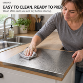A woman in a gray long-sleeve shirt wipes down a speckled gray countertop with a gray cloth in a kitchen setting. Text in the upper left reads 'USELUCK EASY TO CLEAN.