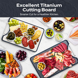 A promotional collage for a cutting board set, featuring a large black rectangular board with a white handle and a white board with a black rim, styled with charcuterie foods like meats, cheeses, grapes, nuts, and olives on a white marble surface. Text at the top reads '' with a subtitle about smarter cut for a healthier kitchen.