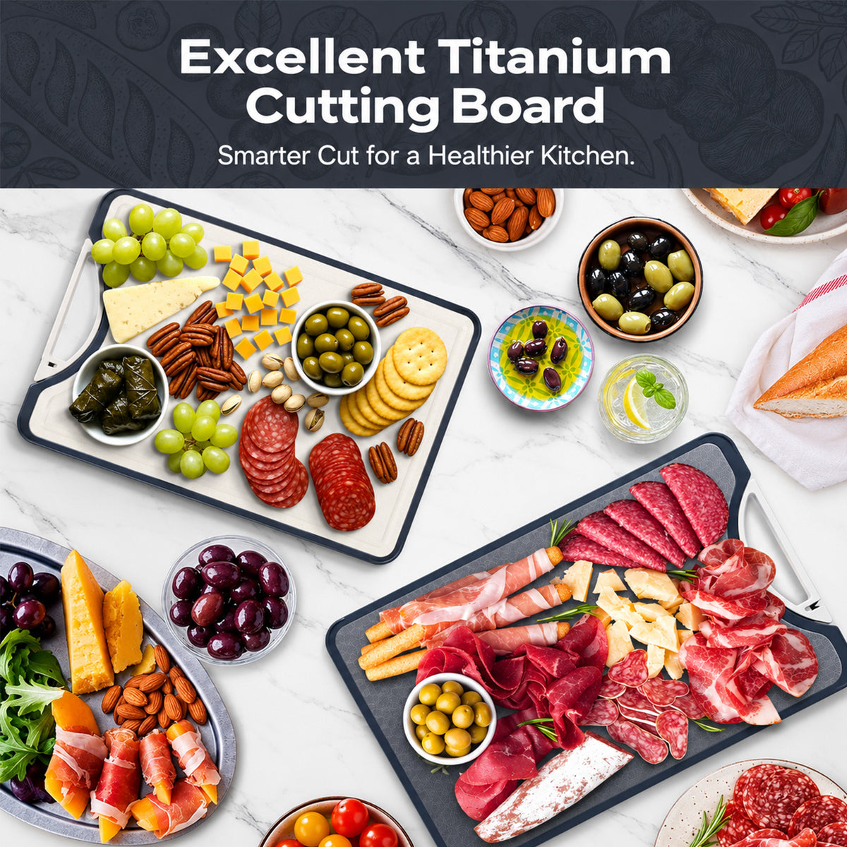 A promotional collage for a cutting board set, featuring a large black rectangular board with a white handle and a white board with a black rim, styled with charcuterie foods like meats, cheeses, grapes, nuts, and olives on a white marble surface. Text at the top reads '' with a subtitle about smarter cut for a healthier kitchen.