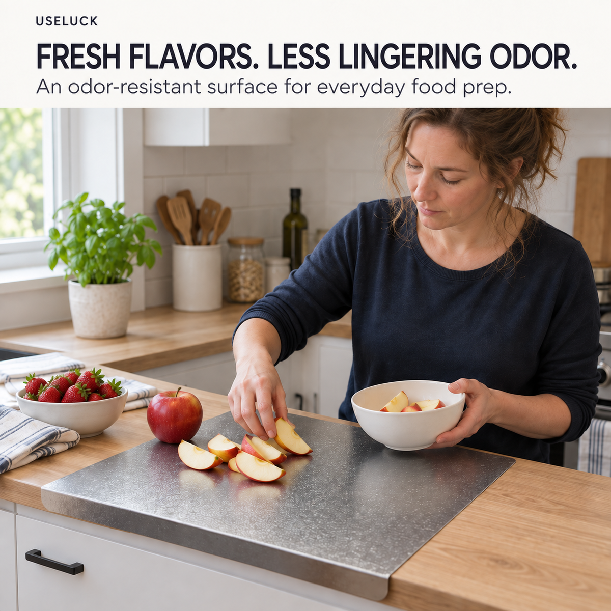 A woman in a navy long-sleeve shirt slices an apple on a gray silicone cutting board set into a light wood kitchen countertop. She holds a white bowl of apple slices.
