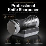 A professional knife sharpener shown on a dark studio background with marketing text. The sharpener has a ribbed metallic silver body and a gray circular sharpening head, resting on a matching gray base.