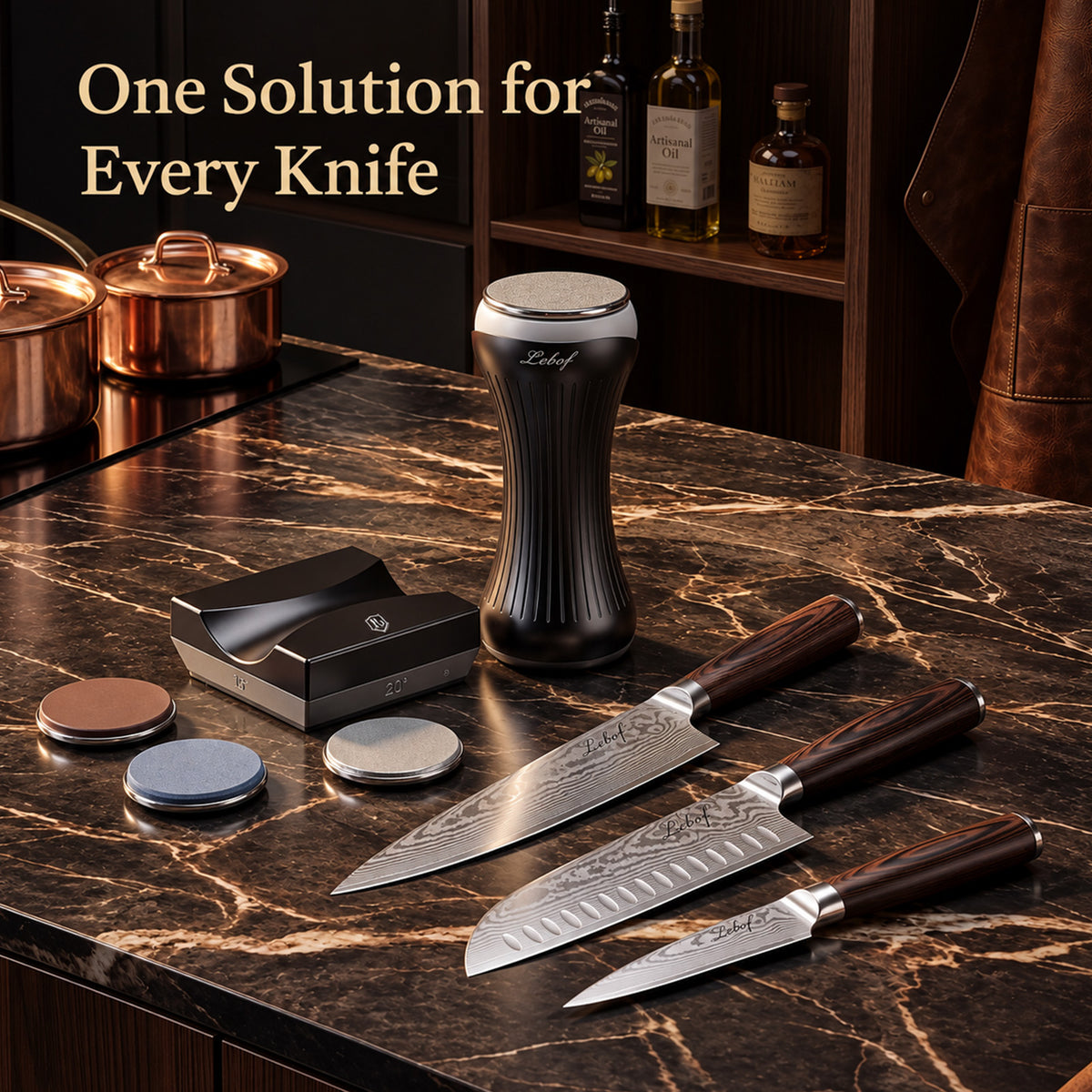 A set of kitchen knives with dark wood handles and patterned steel blades arranged on a dark marble countertop, alongside a black cylindrical tool, a black rectangular accessory, and small round metal pieces. The scene is styled in a kitchen with bottles and copper pots in the background, and the text 'One Solution for Every Knife' appears in the upper left.