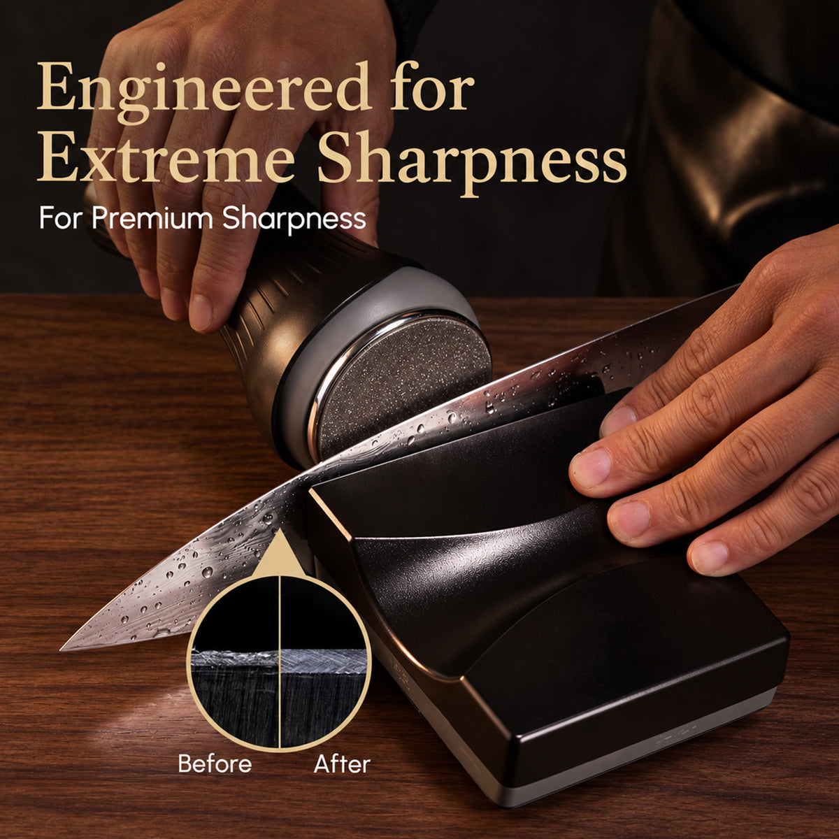 A person using a black and dark gray sharpening stone on a knife over a wooden table, with text reading 'Engineered for Extreme Sharpness' and a before/after inset showing blade sharpening results.