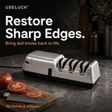 USELUCK electric knife sharpener on a dark kitchen countertop, shown with tomatoes and a knife on a cutting board. Large text reads 'Restore Sharp Edges.