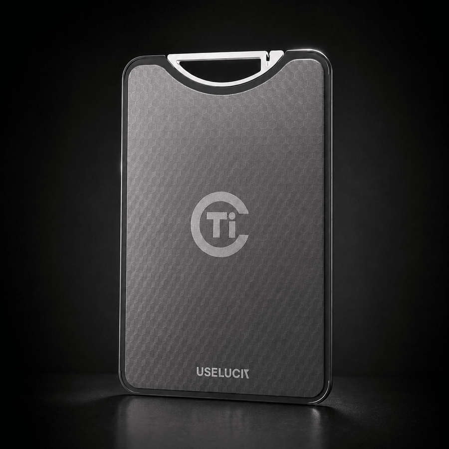 A sleek, rectangular titanium card case with a textured dark gray finish, featuring a silver 'Ti' logo and the brand name 'USELUCI' at the bottom. It is shown standing upright on a dark reflective surface against a black background.