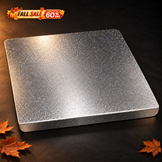 A square metallic silver cutting board with a glittery, textured finish, shown on a dark background with autumn leaves and a 'FALL SALE 60% OFF' banner in the top left corner.
