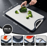 Titanium cutting board with a white top and dark gray border, shown with a hand slicing broccoli. The image includes dimension markings (10.