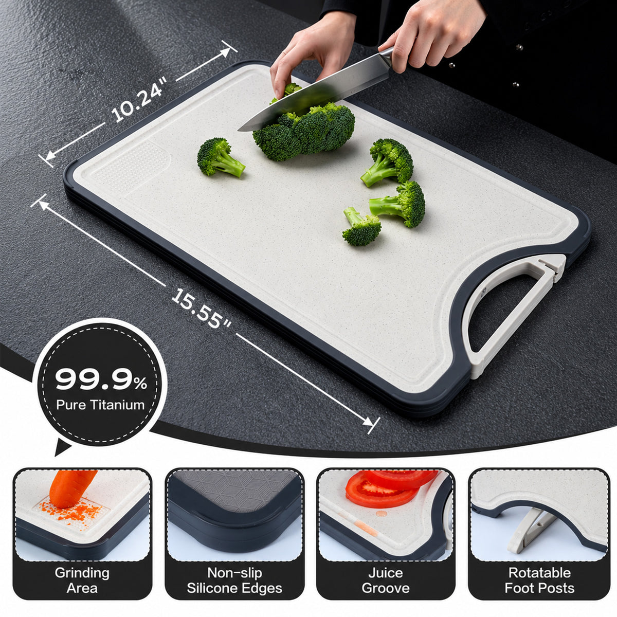 Titanium cutting board with a white top and dark gray border, shown with a hand slicing broccoli. The image includes dimension markings (10.