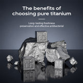 Three metallic titanium blocks engraved with 'FEIJIAN' are displayed on and around rough rock fragments against a dark gray gradient background. White text at the top reads 'The benefits of choosing pure titanium' and 'Long-lasting freshness preservation and effective antibacterial'.