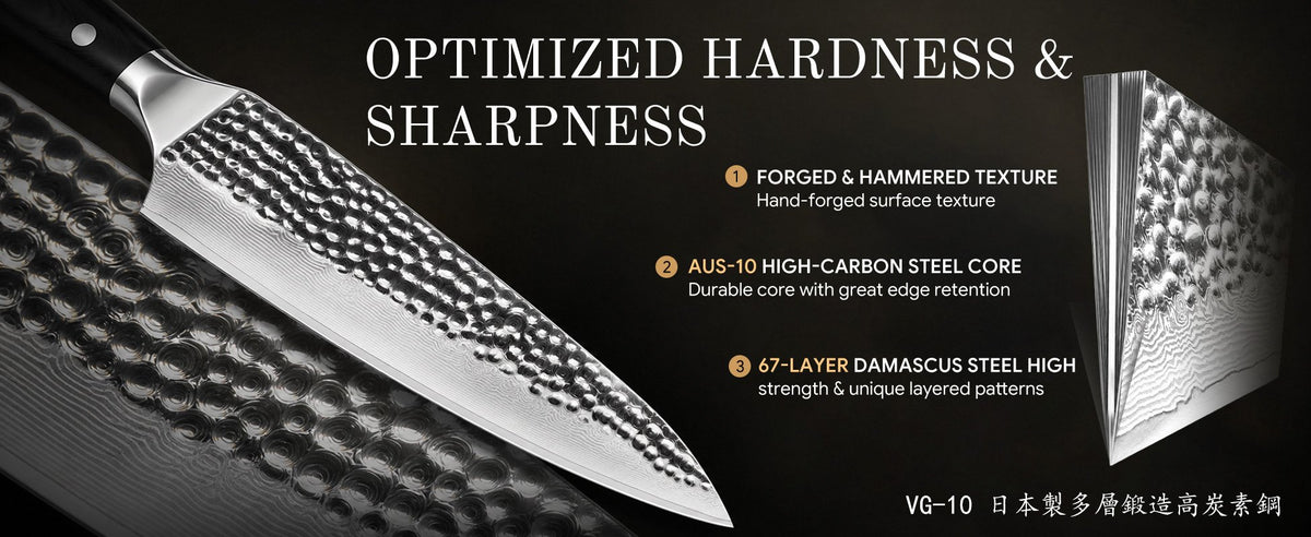 Optimized hardness and sharpness - forged hammered texture, AUS-10 core, 67-layer Damascus steel