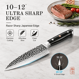 A kitchen knife with a hammered Damascus-style blade and black handle is shown on a light marble background with promotional text and feature icons. The text reads '10-12 ULTRA SHARP EDGE' and includes icons for precision cutting, effortless slice, and clean cut.