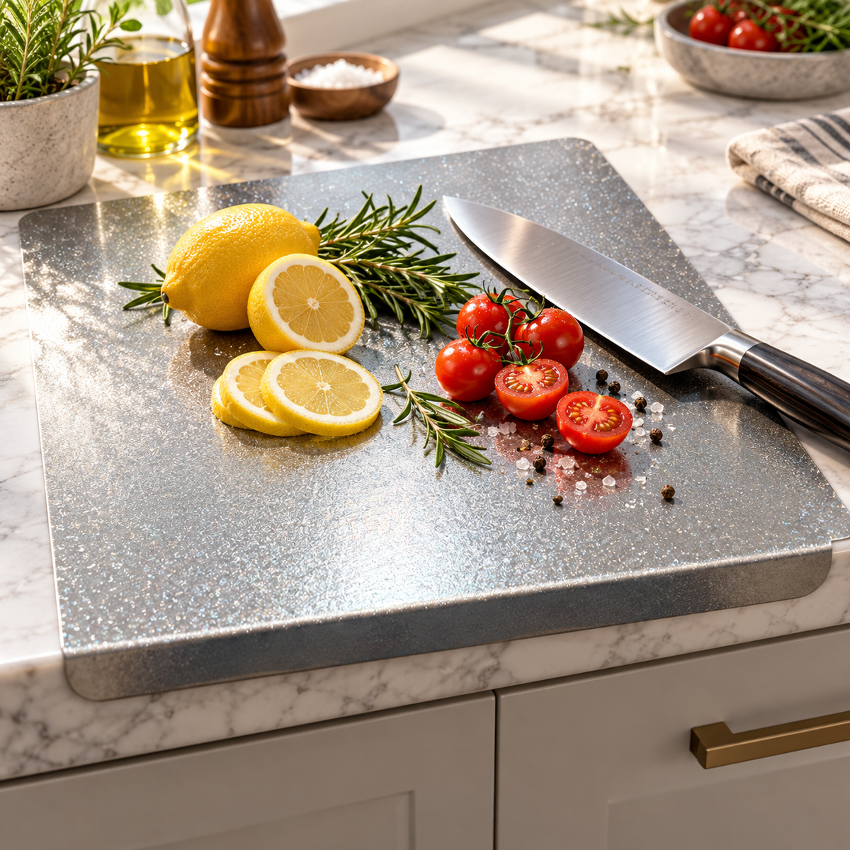 A rectangular speckled gray cutting board on a white marble kitchen counter, styled with lemons, rosemary, cherry tomatoes, and a chef's knife.