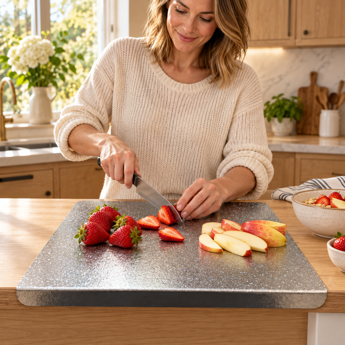A woman in a cream knit sweater slices strawberries and apple slices on a speckled gray cutting board in a bright kitchen.