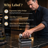 A man in a black shirt sharpens a knife on a Lebof sharpening stone on a dark granite countertop, with text overlays highlighting ergonomic safety design, anti-slip control, and auto-stop rolling.